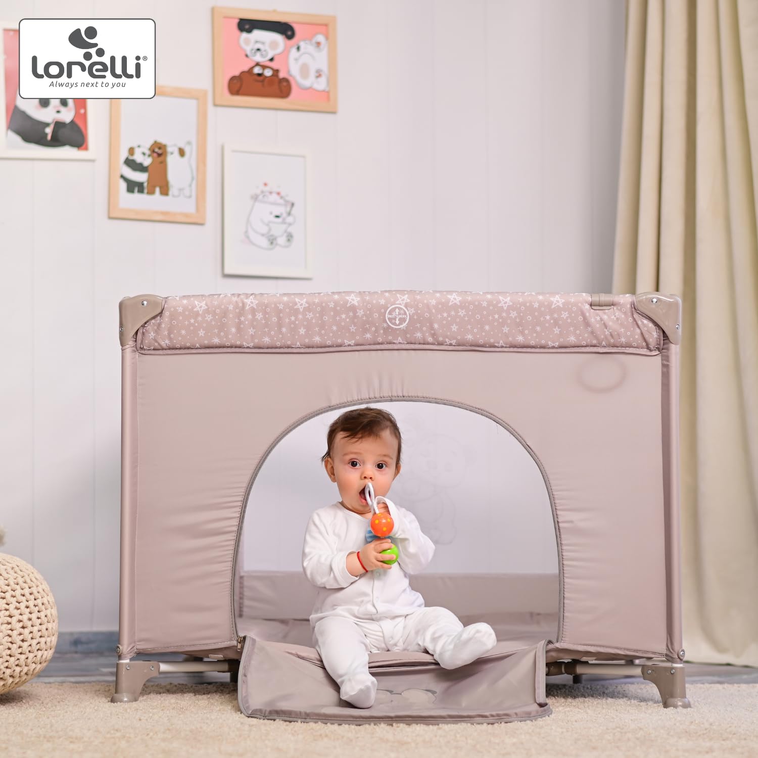 Lorelli Baby Laufstall Playground, kleiner Laufgitter 100x100 cm, Absperrgitter mit atmungsaktivem Netz, Schutzgitter mit Reißverschlusstür, faltbarer Krabbelgitter, rosa