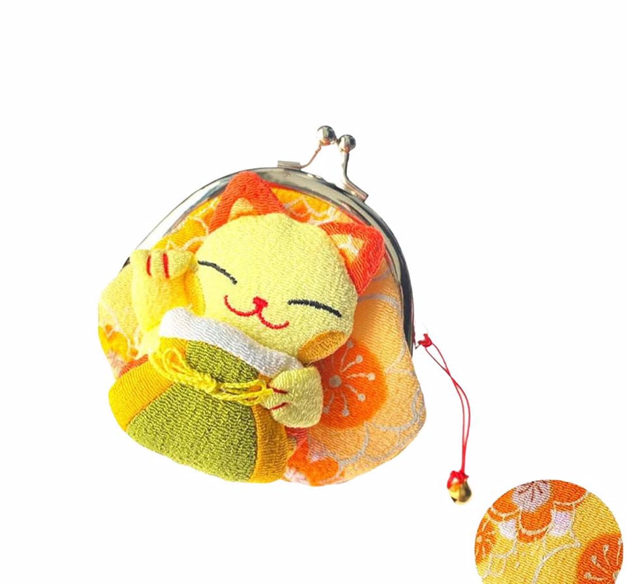Lucky Cat Holding a Bag of Gold Japanese Style Cute Coin Purse Portable Change Bag Key Holder Kimono Fabric Maneki Neko Lucky Cat