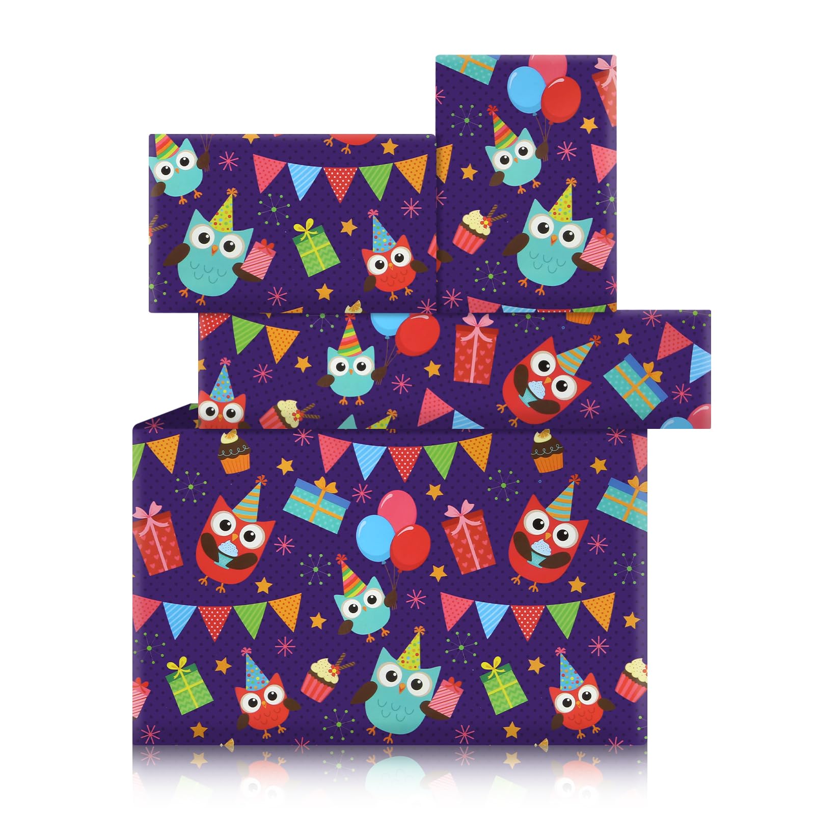 Purple Owl Wrapping Paper for Kids,4 Sheets Cute Owls Birthday Party Wrapping Paper with Gift Banner Cake Celebration Pattern 75x52cm for Baby Showers Christmas Boy Girl Gift Wrap