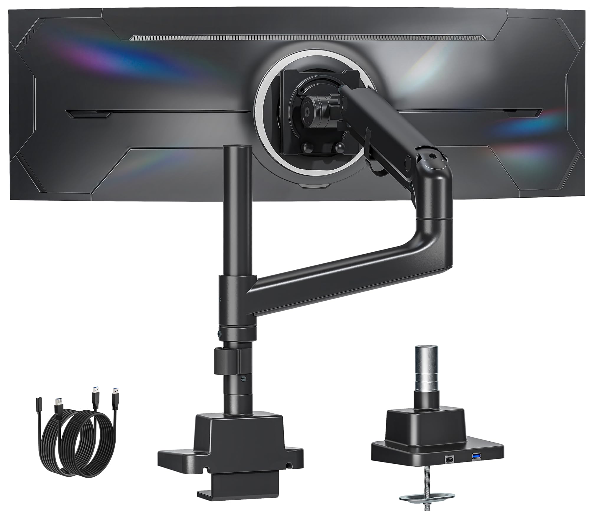 monTEK Soporte Monitor con Poste Alto y USB para 17-57" | Brazo de gas con diseño curvo para escritorios y monitores ultrapanorámicos, compatible con VESA 75x75/100x100, negro.