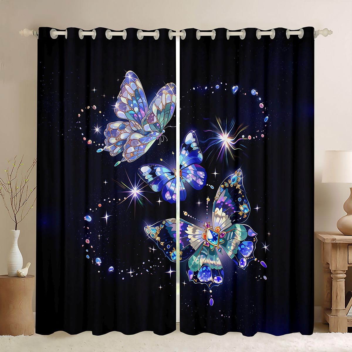 Homewish Set di 2 tende oscuranti a forma di farfalla con diamanti, 132 x 228 cm, 2 pannelli, con stelle scintillanti, colorate, delicate e delicate, tende per finestre con animali da sogno per camera