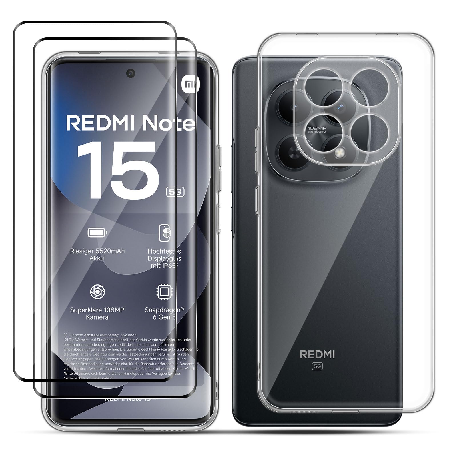 LiiLaa für Xiaomi Redmi Note 15 4G/5G & Poco M8 5G für panzerglas mit Hülle, 2 Schutzfolie & 1 Handyhülle, 9H Härte schutzglas, Dünn TPU Silikon Schutzhülle für Case, Nie Vergilbung, Transparent