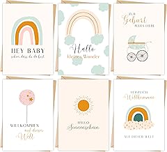 6 x High-Quality Birth Cards - Greeting Card Birth for Girls and Boys - Cute Birth Cards for Baby as Set of 6 with Envelopes Made of Kraft Paper