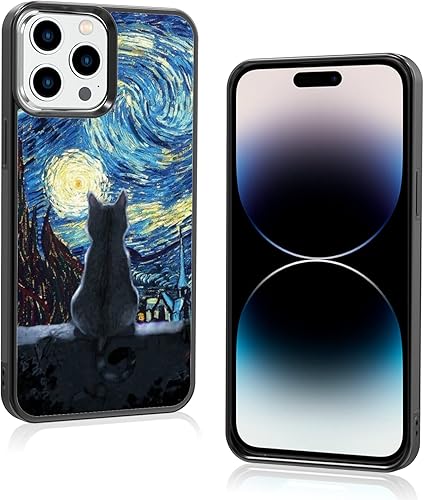 Miniatura 8 de Funda negra para iPhone 13 Pro Max de 6.7 pulgadas, diseño de bonito gato de Van Gogh, diseño antideslizante y absorción de impactos, marco de gel