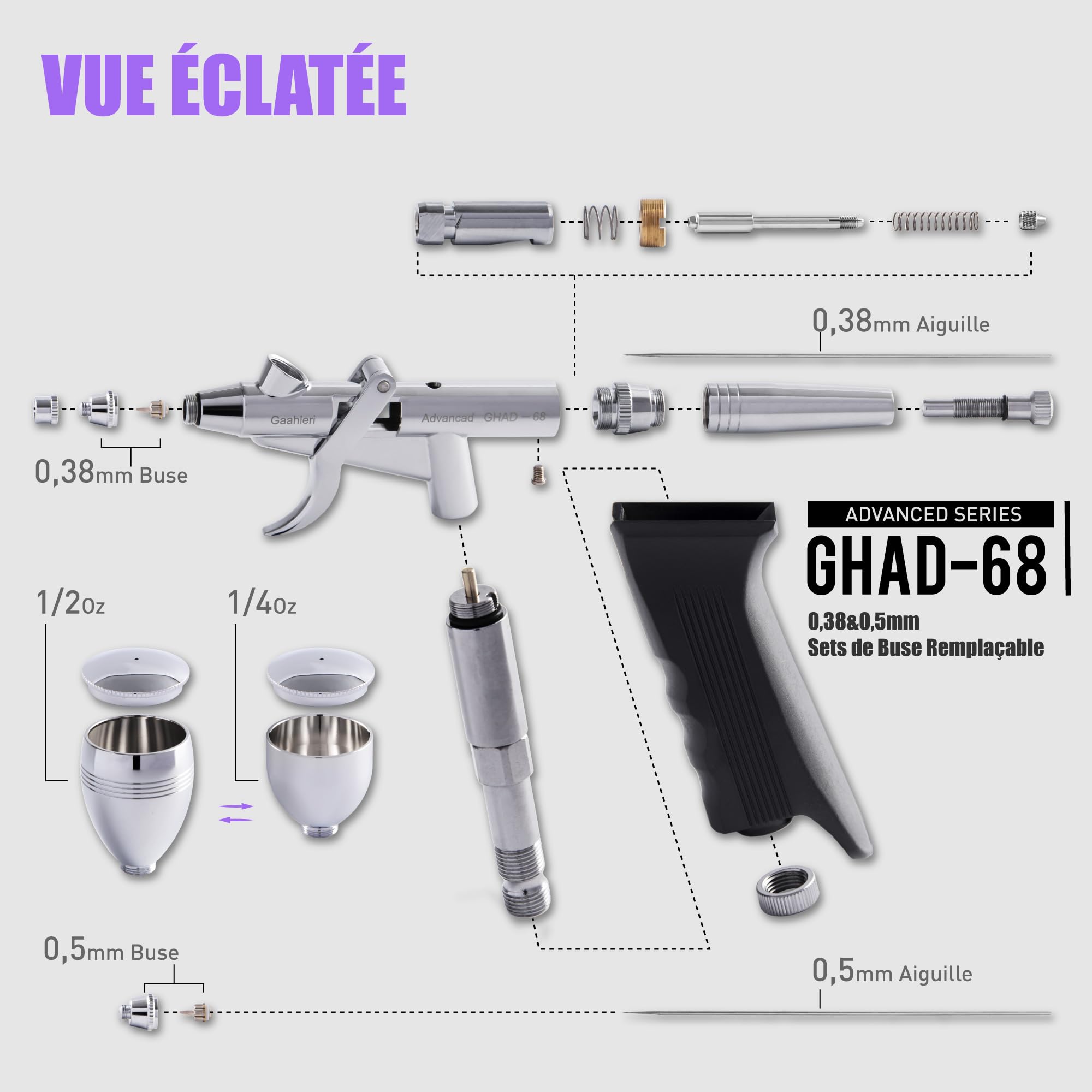 Gaahleri Aérographe, Kit d'aérographe avec trigger, Aiguilles de 0,38 & 0,5mm，Godet de 1/2 & 1/4 OZ, Séries Advanced GHAD-68