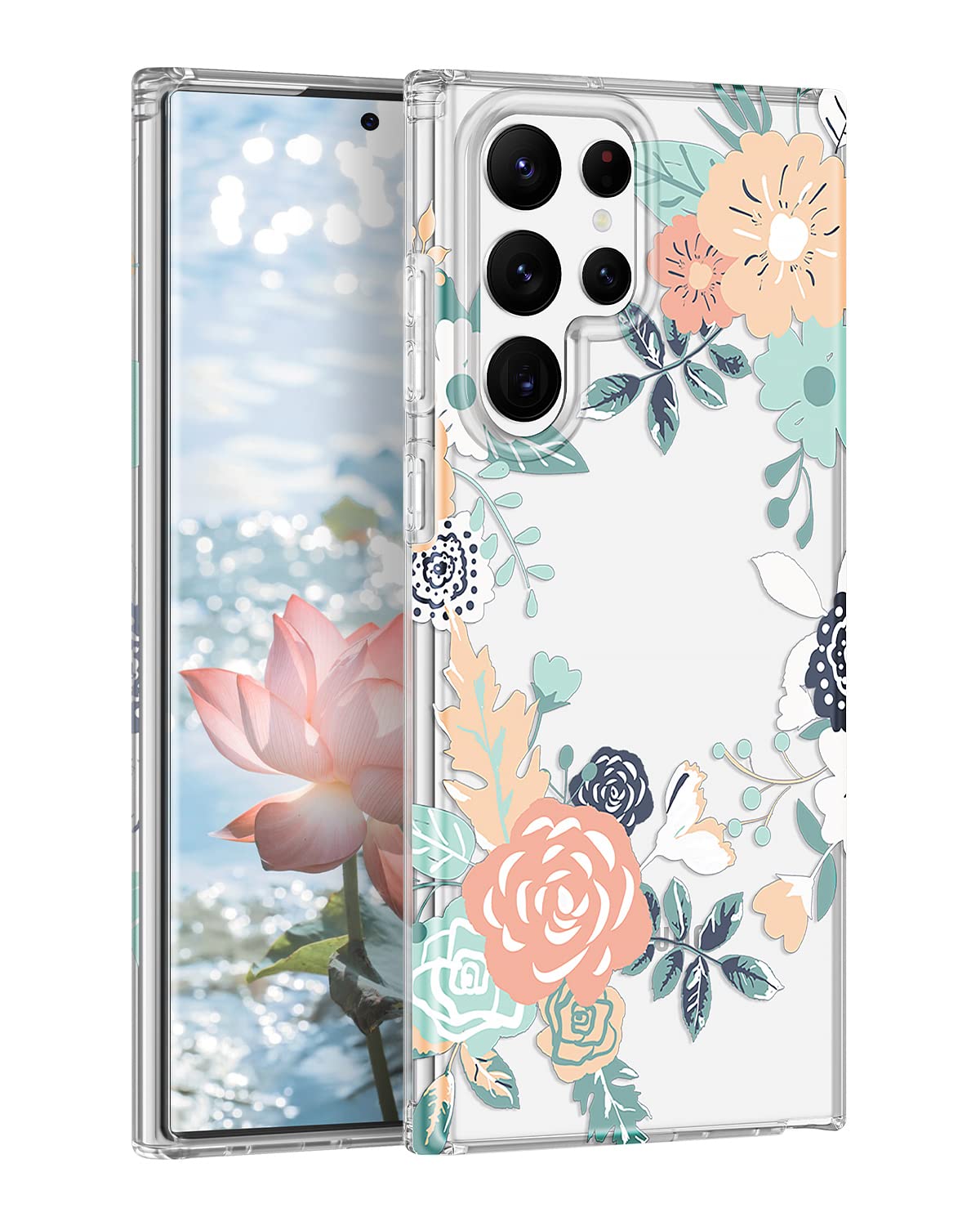 Hekodonk Compatible with Samsung Galaxy S22 Ultra 5G Case, Cute Clear Crystal Soft Flexible TPU Shockproof Protective Cover Women Girls Slim Flower Design for S22 Ultra Phone Case Abundant Blossom