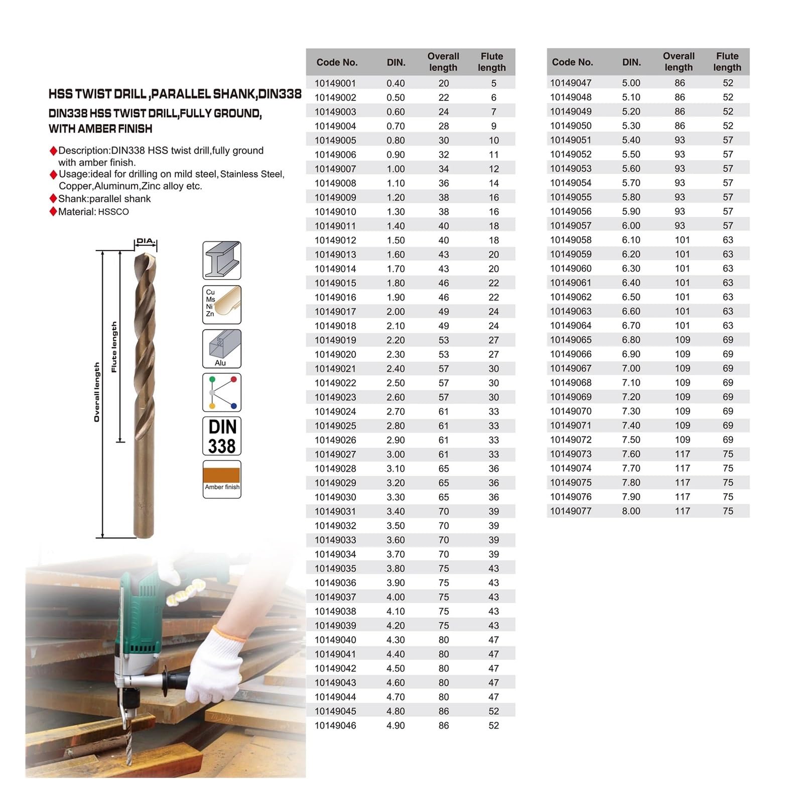Zestaw 10 wierteł M35 ze stali szybkotnącej kobaltowej, 0,5 mm-8,0 mm, do stali nierdzewnej i twardych metali(7.8mm)