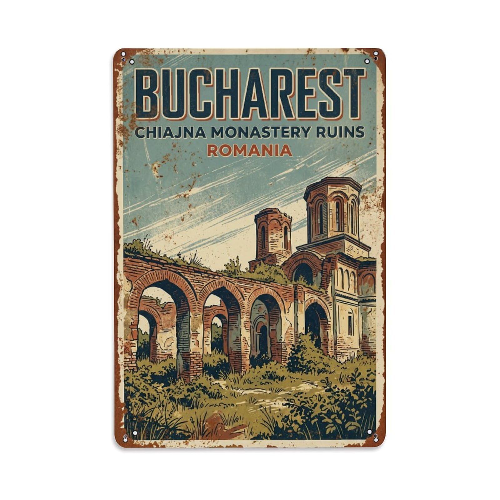 Vintage Travel Bucharest Chiajna Monastery Historic Romania Metal Tin Sign Plaque Wall Decor for Cafe, Club Bar, Office, Home Garden Metal Poster 8x12Inch