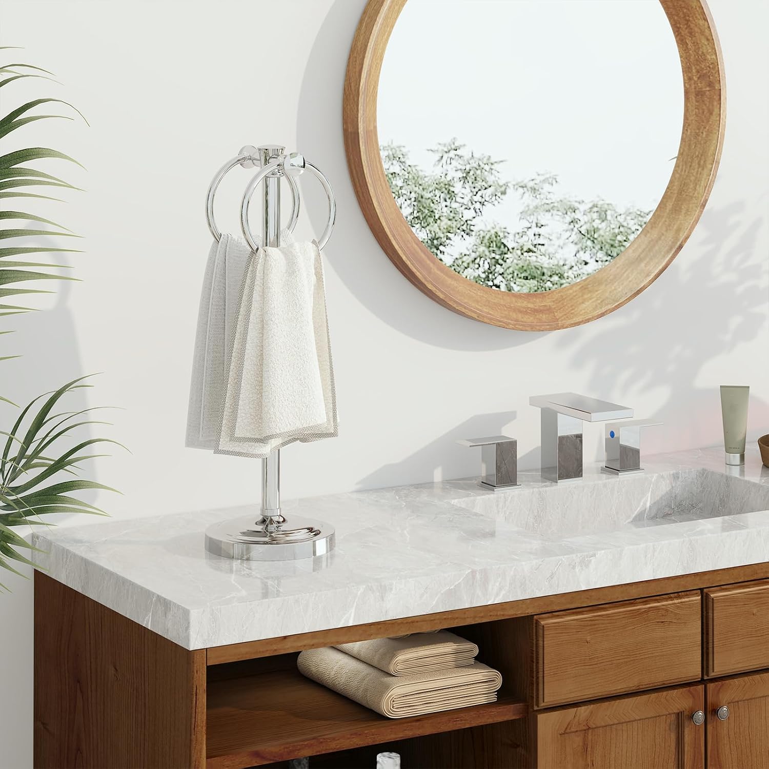 Hoimpro Hand Towel Holder Stand Bathroom Countertop Towel Bar Rack Chrome