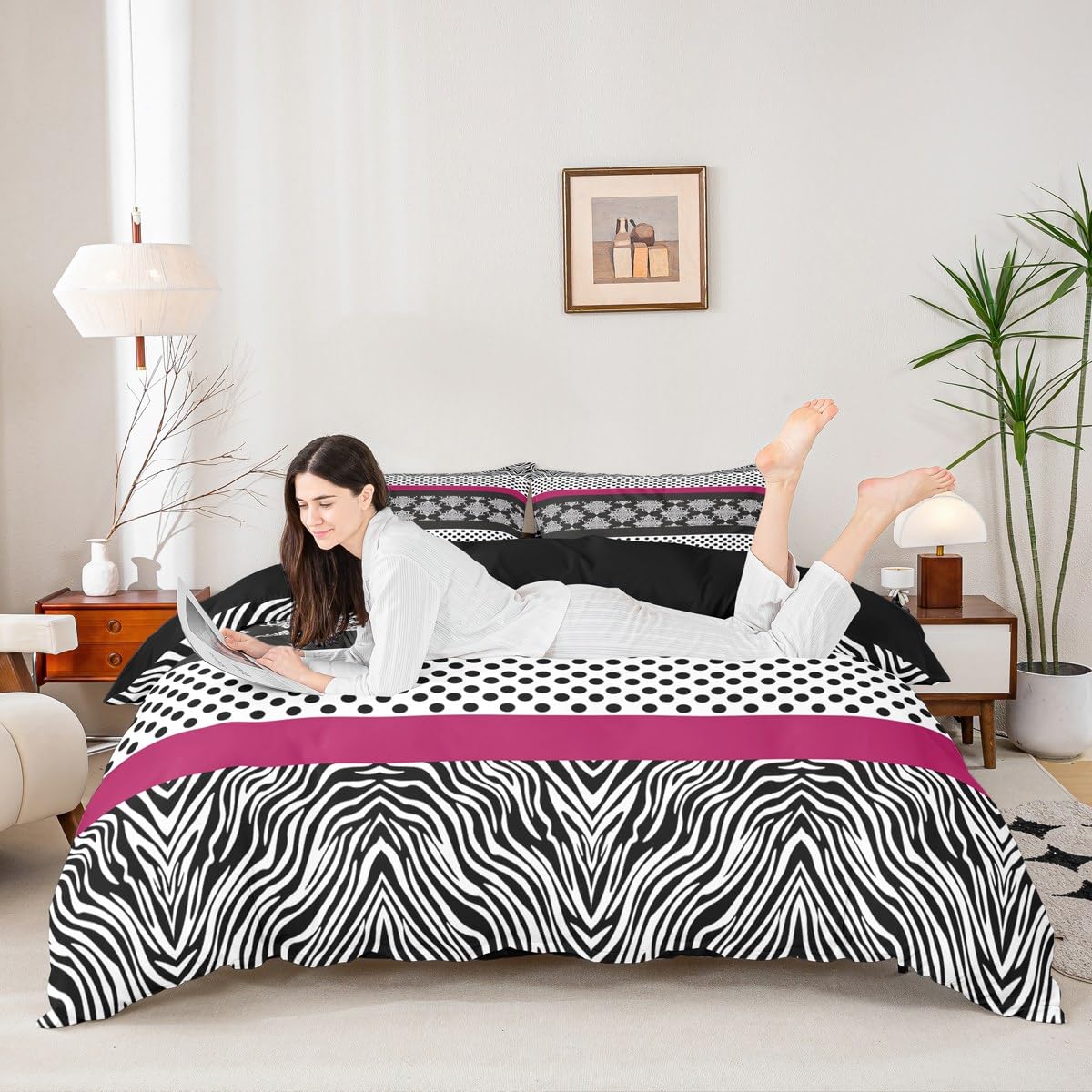 Zebra Skin Prined Duvet Cover Toddler,Modern Polka Dot Print Bedding Set,Gothic Vintage Floral Comforter Cover 2PCS,Pink Black White Splicing Geometry Quilt Cover,1 Pillowcase(Not Comforter)