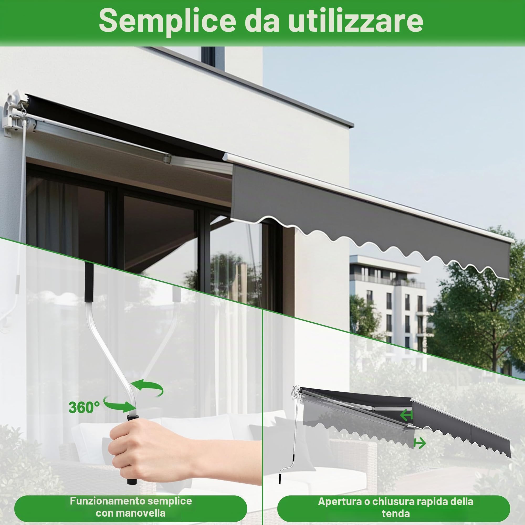 HENGMEI Tenda da sole per balcone, con braccio snodato, 360 x 300 cm, con manovella, protezione solare per cortili, balconi, grigio