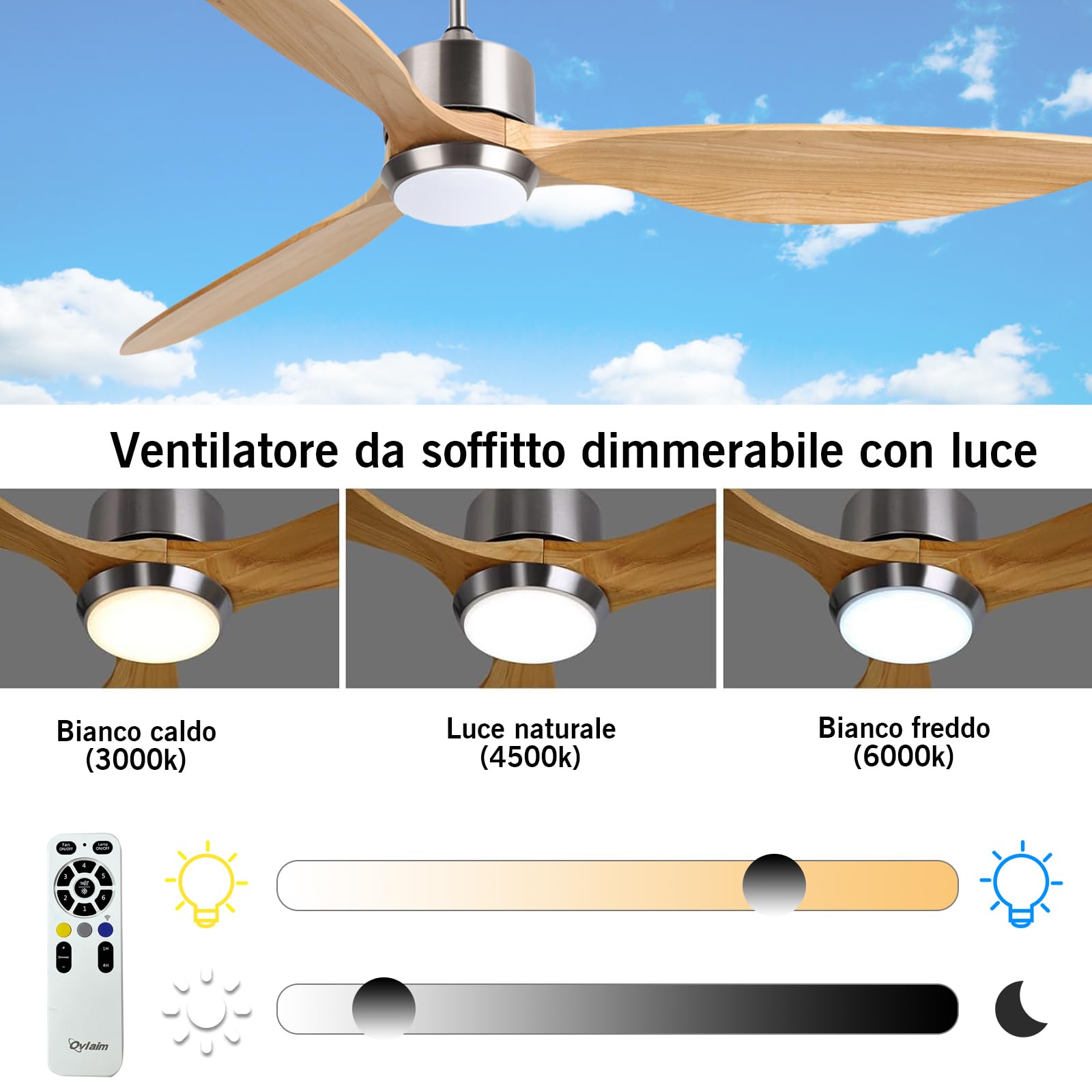 Ovlaim 165 CM di legno solido 3 elica a pale con ventilatore intelligente per soffitti leggero e remoto, 6 motore a corrente continua silenziosa velocità per salotto, camera da letto