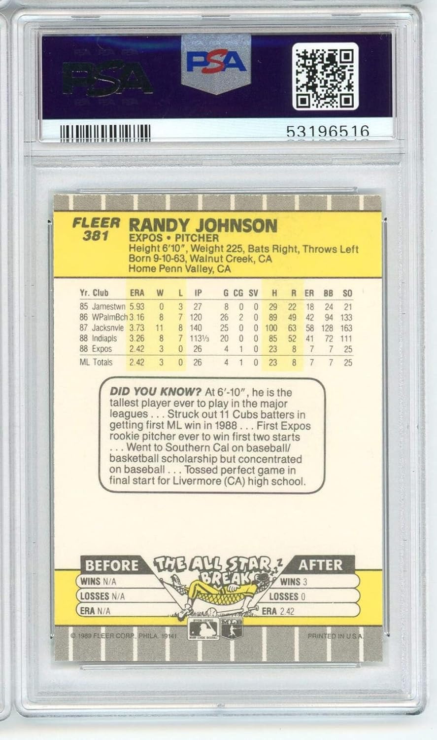 Graded 1989 Fleer Randy Johnson #381 Rookie RC Baseball Card PSA 9 Mint