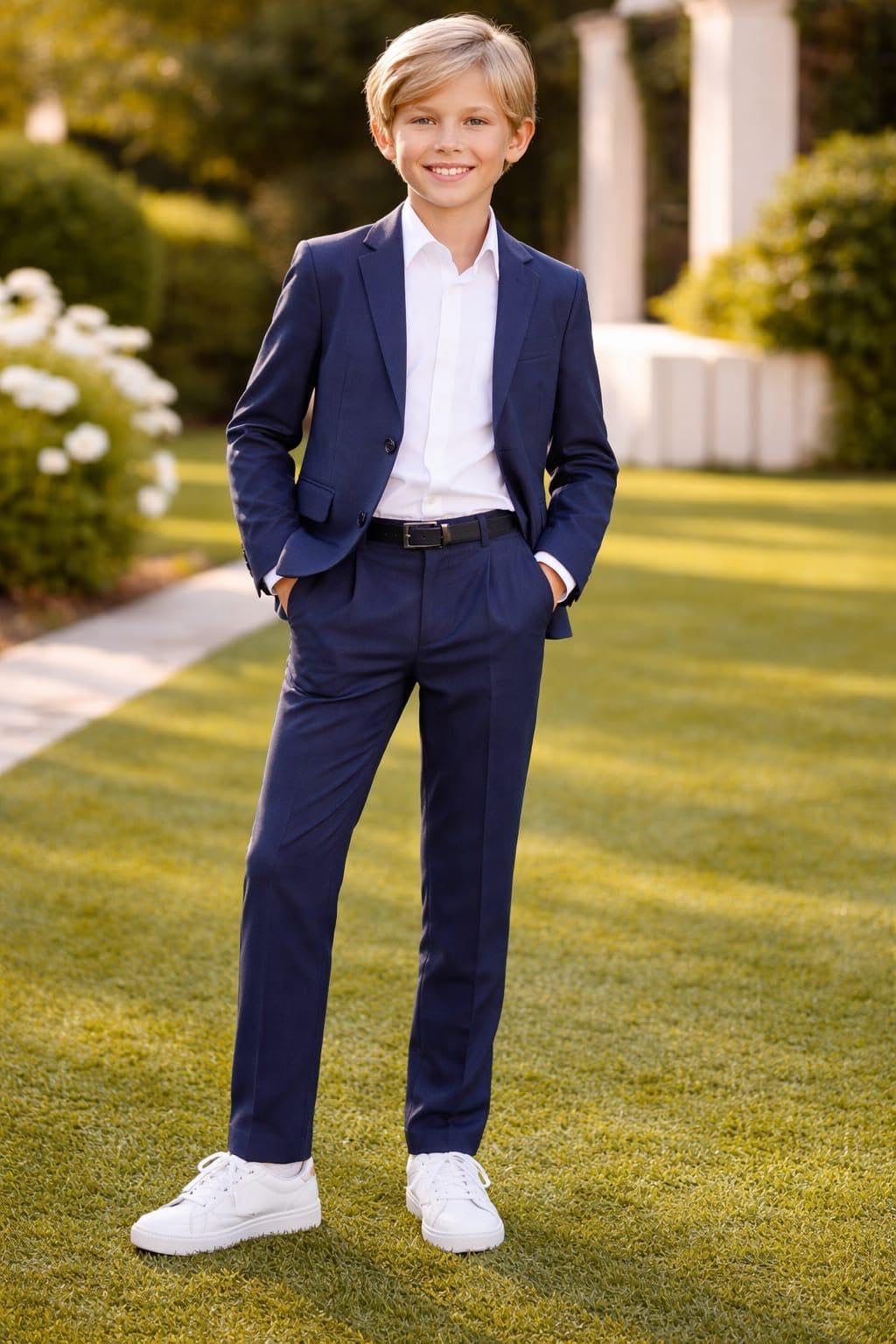 IDO Completo Cerimonia Ragazzo 12 Anni - 152 cm Color Blu Effetto puntinato con Giacca e Pantalone