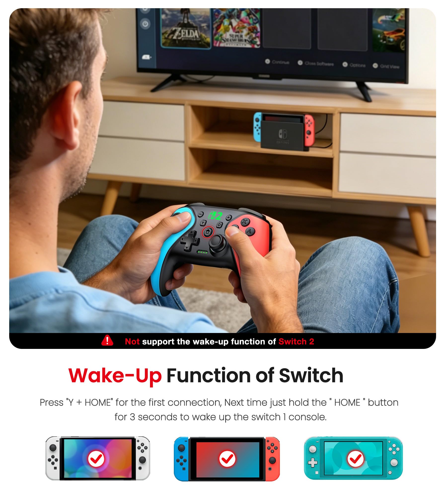 Wireless Pro Controller für Switch 2/Switch 1/Lite/OLED/Android/IOS/PC, Gamepad mit Programmierbar/6-Achsen Gyroskop/Dual Vibration/Turbo/1000mAh Akku, Ergonomisch Gestalteter Präzise Joystick - 5