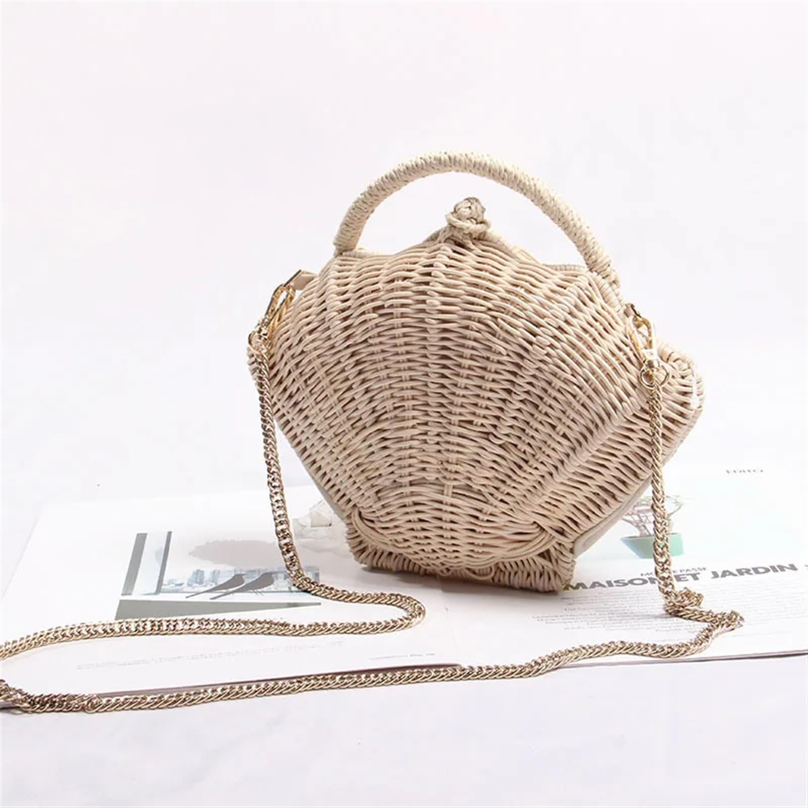 Rattanowa torba w kształcie muszli | Przenośna torba na ramię z papierowego rattanu na wakacje na plaży(Rattan)
