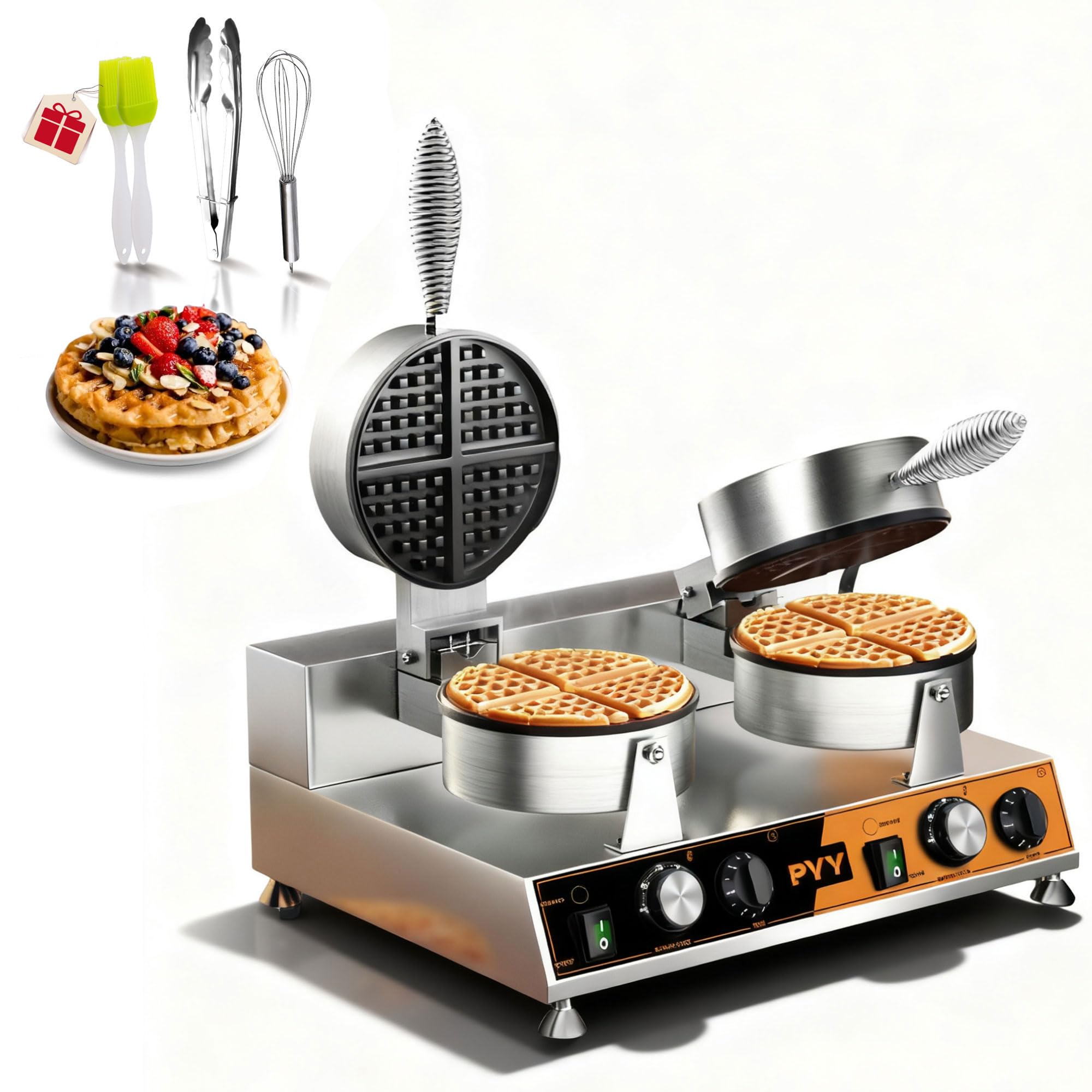 PYY Commercial Waffle Maker - Double Waffle Maker, Non-stick Electric Chaffle Maker for Restaurant Party Food Stall, Large, Stainless Steel