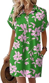 Womens Summer Shirt Dress Short Sleeve Floral Shift Dress Casual Loose Flowy Beach Sundress with Pockets - Buy now