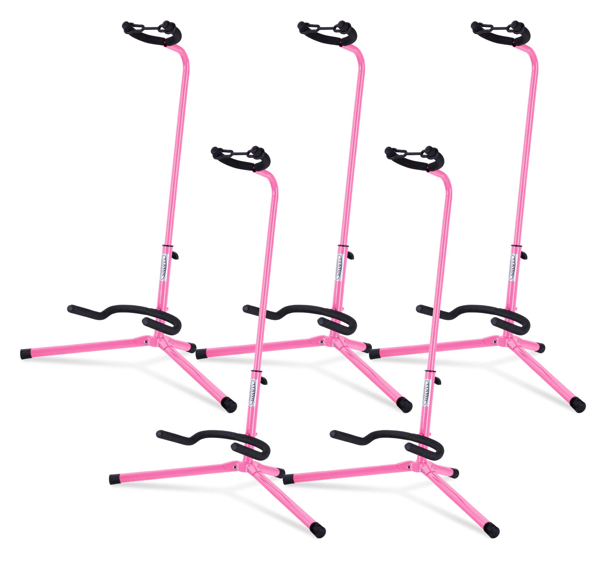 5x Classic Cantabile Gitarrenständer - Universal Gitarrenständer für Konzertgitarre, Westerngitarre, E-Gitarre, E-Bass - Gepolsterte Auflage - Klappbarer Gitarrenständer - Pink