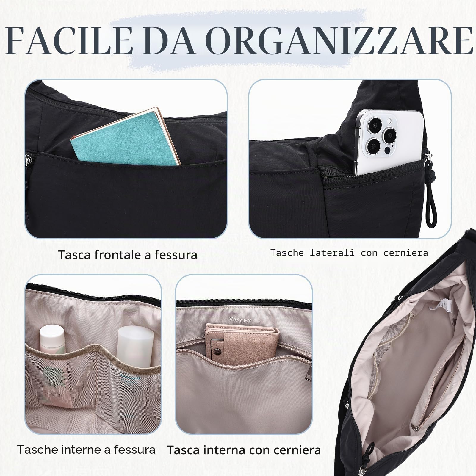 VASCHY Borsa Mezzaluna Donna Tracolla,Moon Bag Leggera in Nylon Marsupio Donna Tracolla Per Shopping/Viaggio/Lavoro/Mare