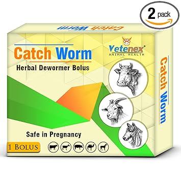 VETENEX Catch Worm - Veterinary Herbal Dewormer Bolus for Cattle, Buffalo, Cow, Goat, Sheep, Pig, Horse and Camel (1 Tablet x 2) Combo - Pack of 2