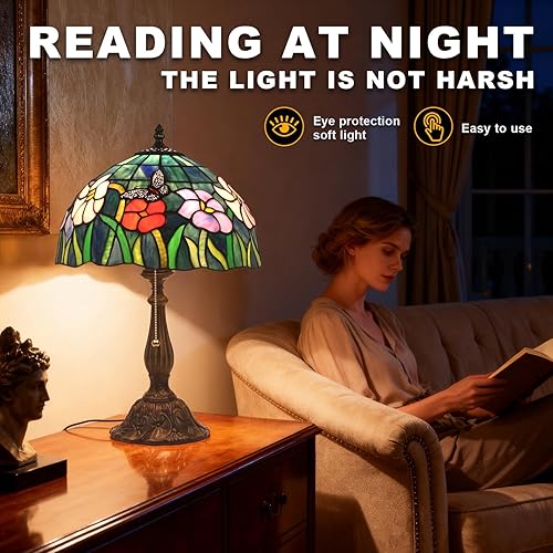 Miniatura 5 de Lámpara de mesa estilo Tiffany, lámpara de mesa de flores de mariposa, luz de lectura Tiffany de 12 x 12 x 19 pulgadas, lámpara de decoración de