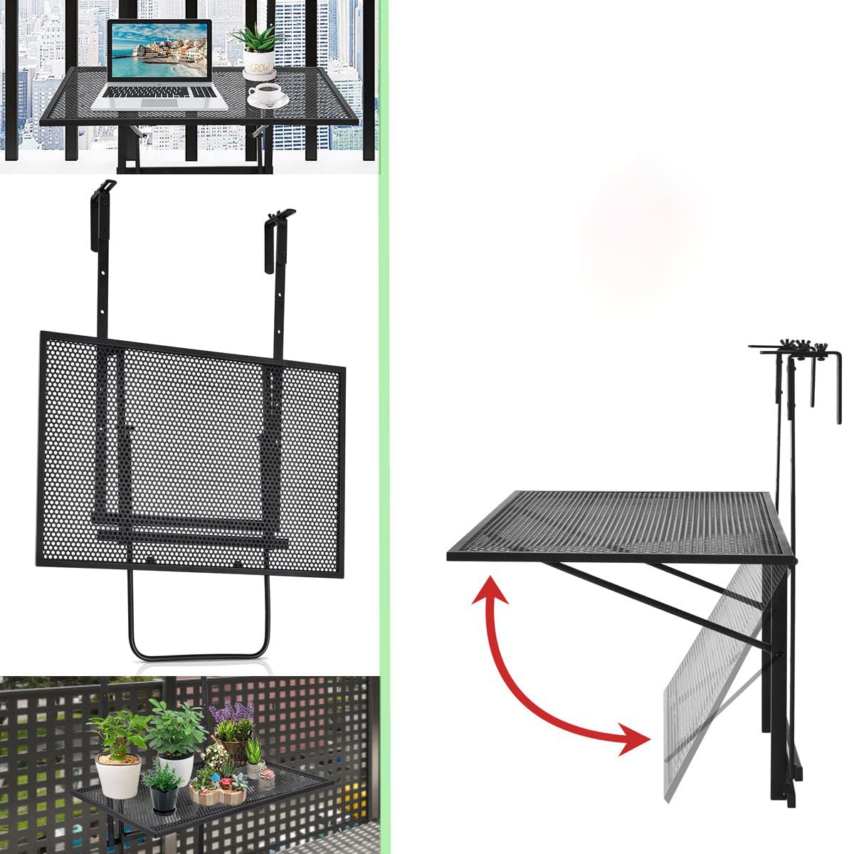 RELAX4LIFE Tavolino da Balcone, Tavolo da Giardino Pieghevole in Metallo, Altezza 5 Regolabile con Ganci, Tavolo Sospeso Portata 20kg, per Ringhiera Interno/Esterno, Nero (60,5x50,5x83cm)