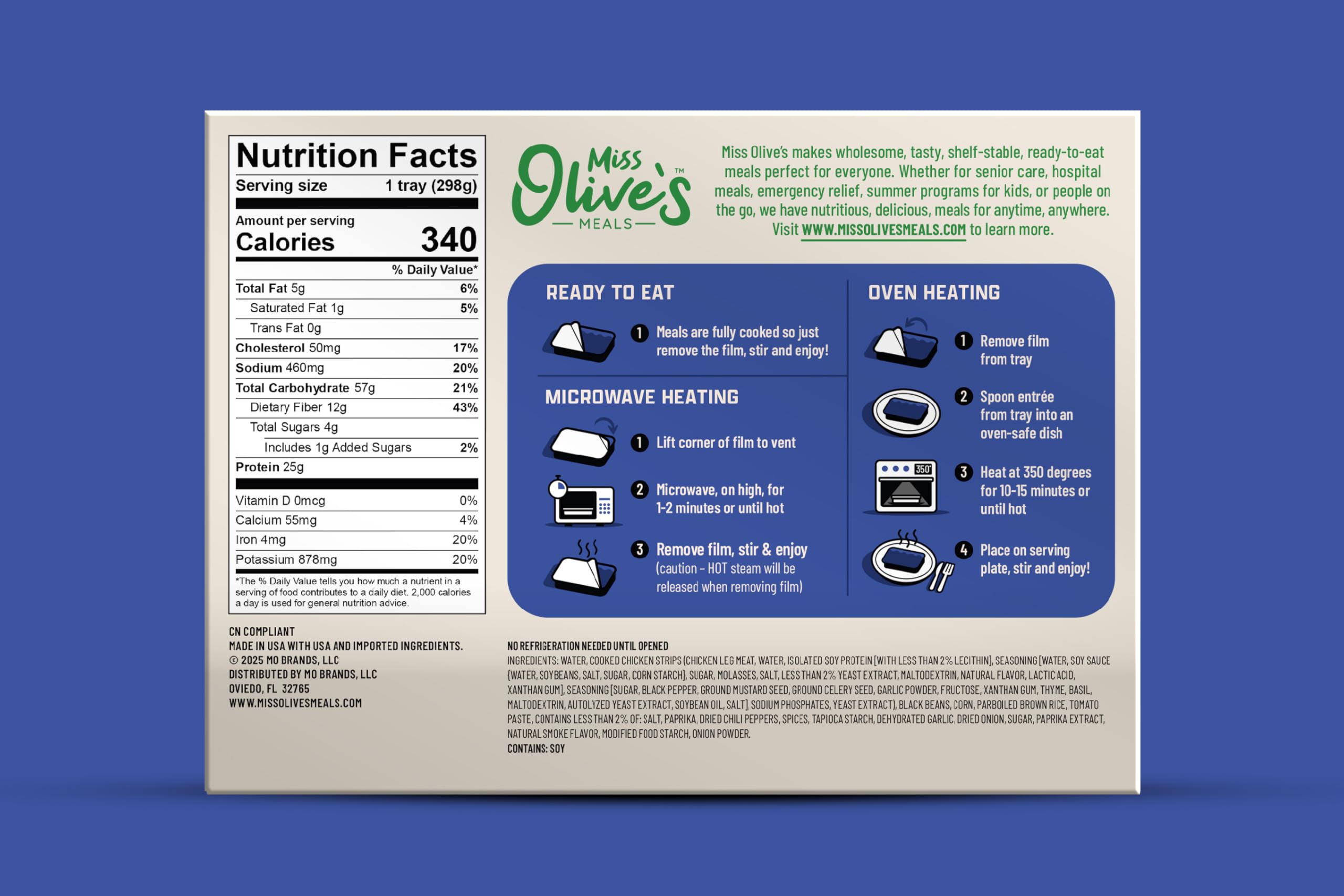 Miss Olive’s Chicken Tinga & Rice Meal, 6 Pack (6/10.5 oz Trays – K12) – Heat & Serve Microwave Meals – Ready-to-Eat Entrées – High Protein, Shelf-Stable, Convenient Lunch & Dinner