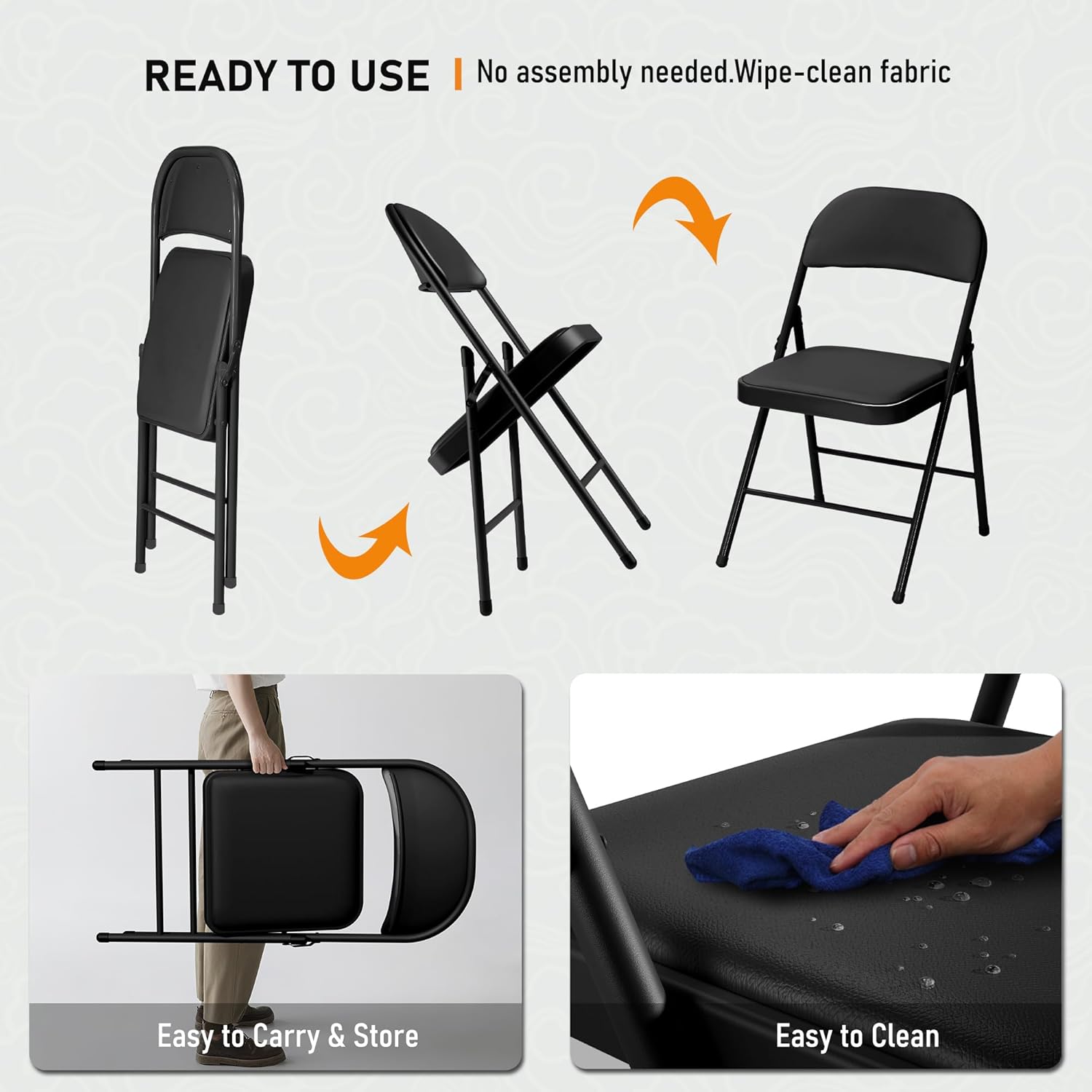 SEALAMB 10 Pack Folding Chairs with Cushion Seat, Heavy Duty Metal Frame Portable Stackable Chairs for Wedding Party Office School Church Events, Indoor Outdoor Use, 350 lb Capacity, Black