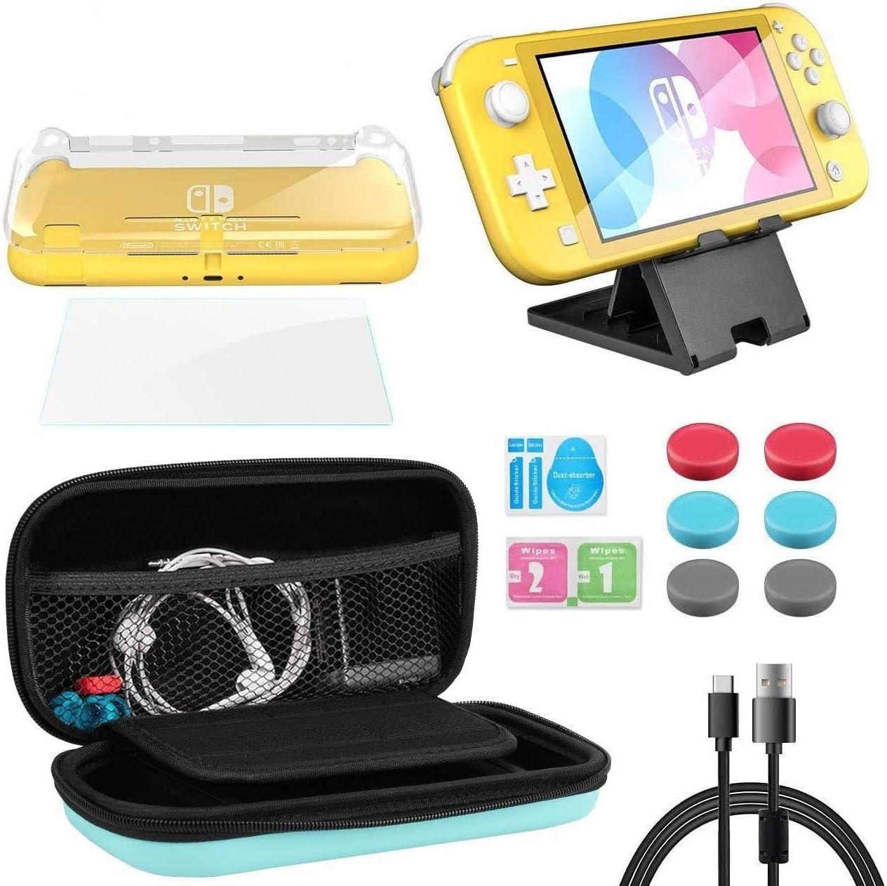 Switch Lite ケース ニンテンドースイッチライトカバー 8点セット 耐衝撃 Switch Lite収納ケース Pcカバー Switch Liteスタンド 保護ガラスフィルム 充電ケーブル 親指キャップ ゲームカード10枚収納可能 携帯便利 任天堂スイッチ ライト Whasoo