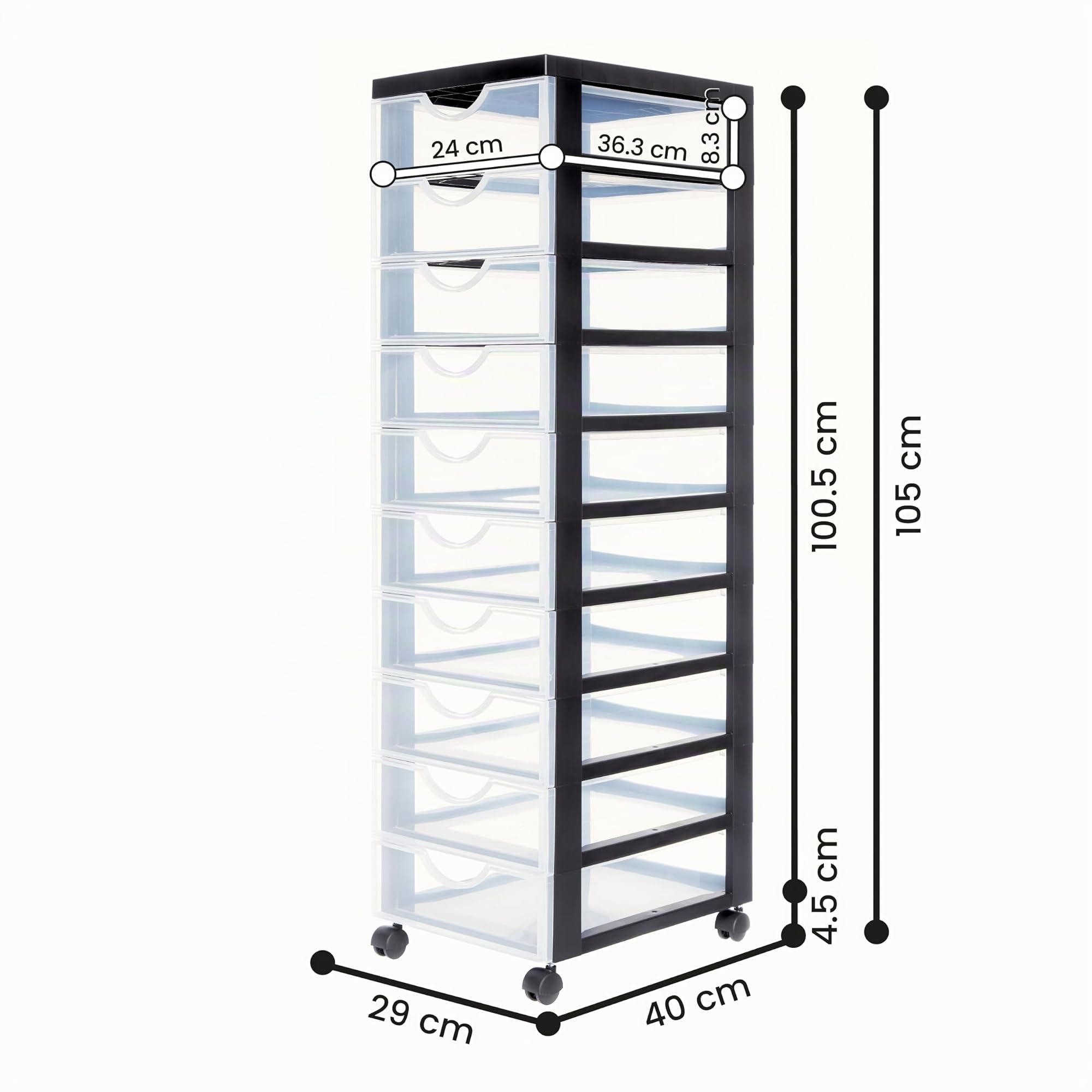 Iris Ohyama Kunststoff-Schubladenbox mit Rollen, 10 flachen Schubladen, Schwarz, Griffe zum Ziehen, Für Schlafzimmer, Schule & Büro, BPA-frei, Schubladenschrank, Rollcontainer, A4 Drawer, DDDC-010