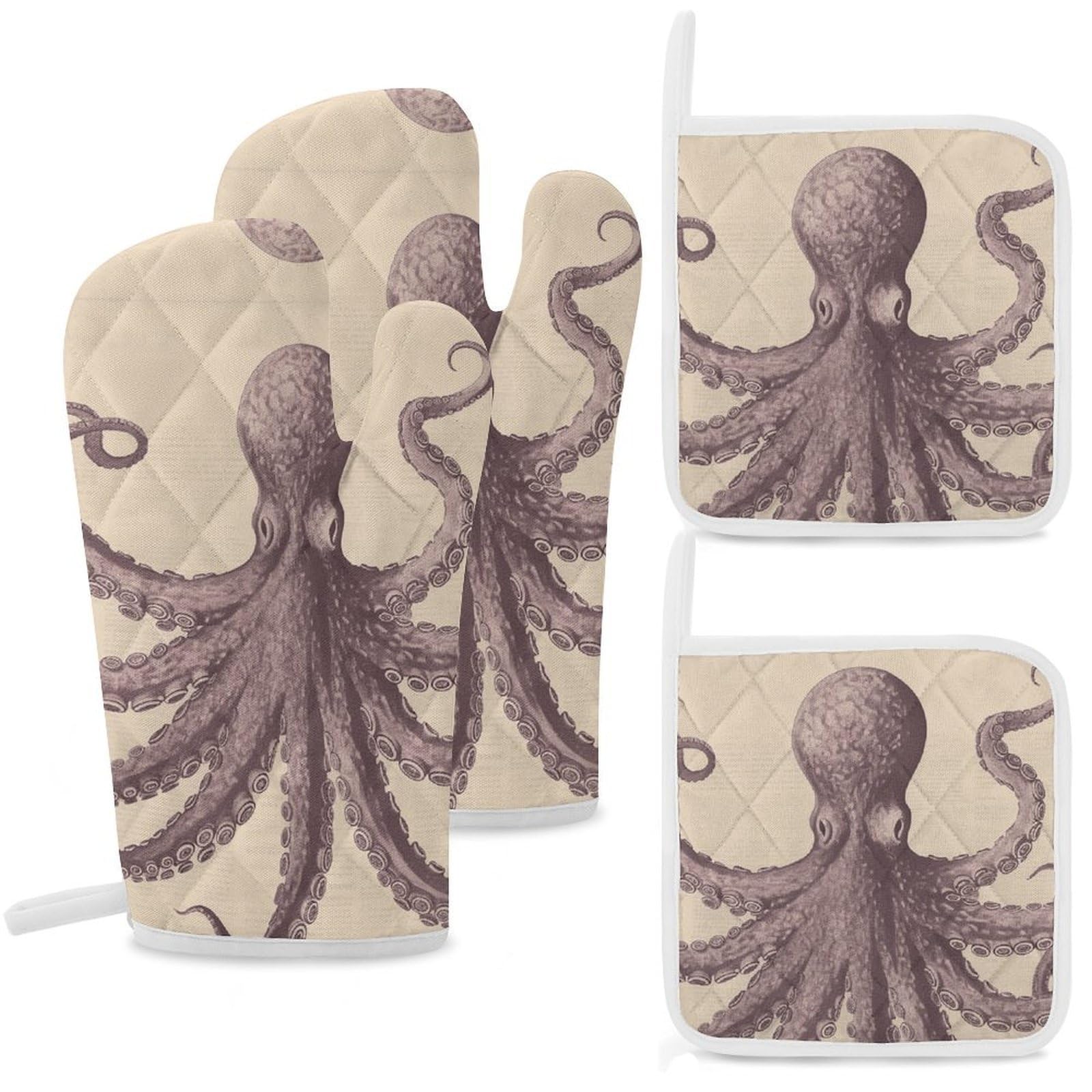 Vintage Octopus Oven Mitts and Pot Holders Sets Heat Resistant Oven Glove with Hanging Loop for Baking Cooking BBQ Thicken Potholders for Kitchen