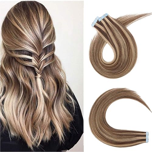 Tape in Hair Extensions Real Human Hair 40pcs 80g 100% Remy Hair Extensions of Balayage Medium Brown Highlighted Dark Blonde Seamless Straight Tape in Hair Extension Double Sided of 14 inch