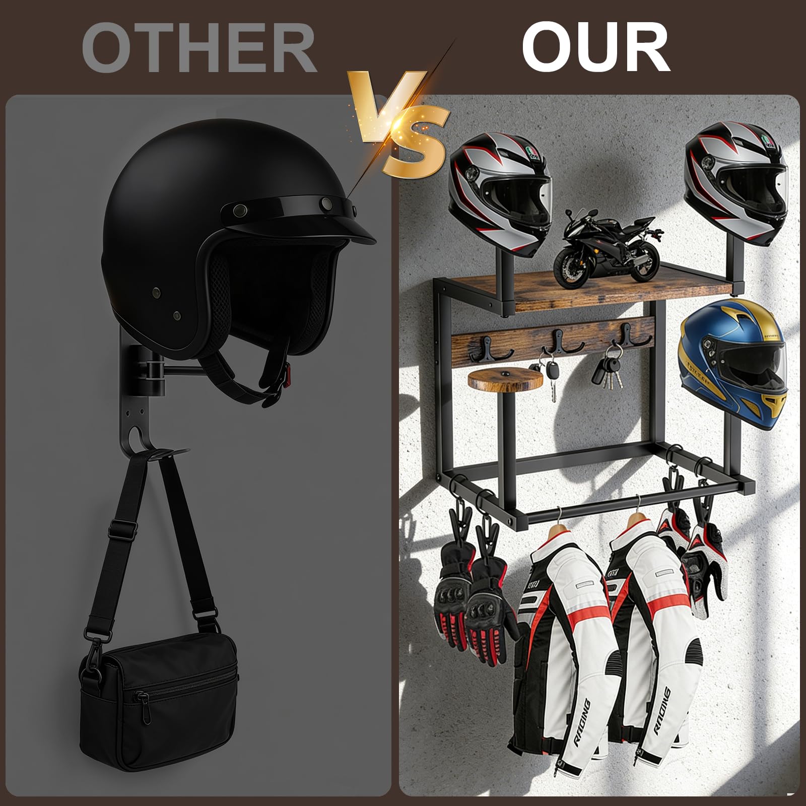 Helmhalter Wandhalterung, Motorradhelmhalter Plattenständer Display Organizer mit 1 Holzschichtbrett, 4 Helmständer und Haken für Motorrad, Fußball, Radfahrerausrüstung