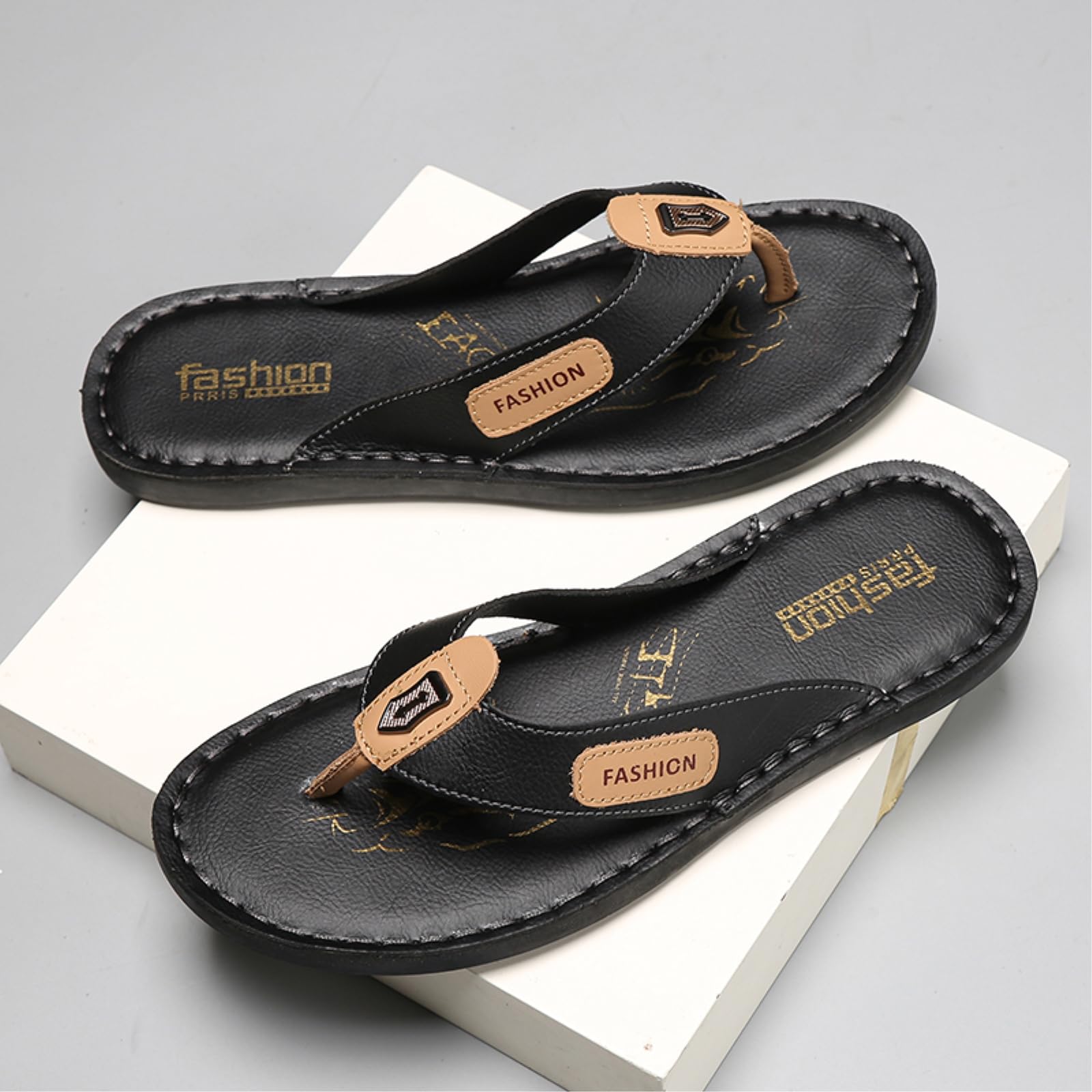 Infradito Uomo Uomini in Pelle Divisa Cucita Tanga Flip Flops, Piatta Maglia Foderata Morbido Eva Gomma Antiscivolo Sandali da Spiaggia per L'Estate All'aperto-brown-44