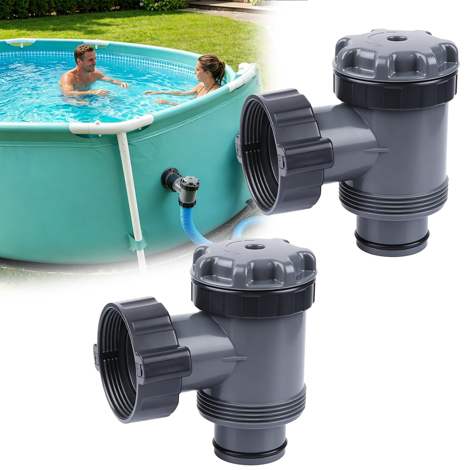 2 Stück Pool Absperrhahn 38mm, Schwimmbad-Filterpumpe, Pool Schlauchverbinder 38mm, Einlass/Auslass Ventil für 1-1/2 Zoll Schlauch, Kolbenventilanschluss für Oberirdische Pools und Poolpumpen