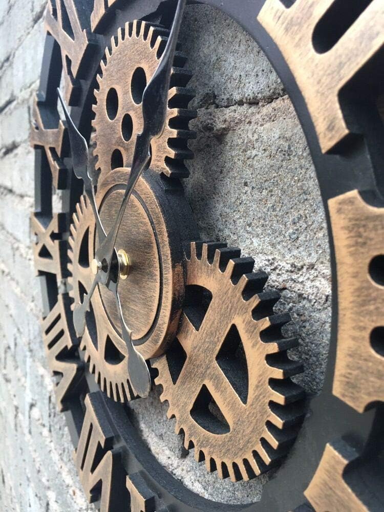 Vintage Industrial Gear Wall Clock，18 Inch Round 3D Roman Numerals Retro Rustic Battery Operated Non-Ticking Large Art Home Decoration for Living Room (18 inch Diameter, Antique Gold)