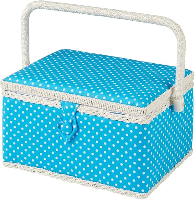 Sewing Online Medium Sewing Box ,Aqua Blue Polka Dot Fabric | 26 x 19 x 15cm | Storage and Organiser Basket with Compartments for Sewing Supplies,Accessories,Thread,Needles,and Scissors - FM-004