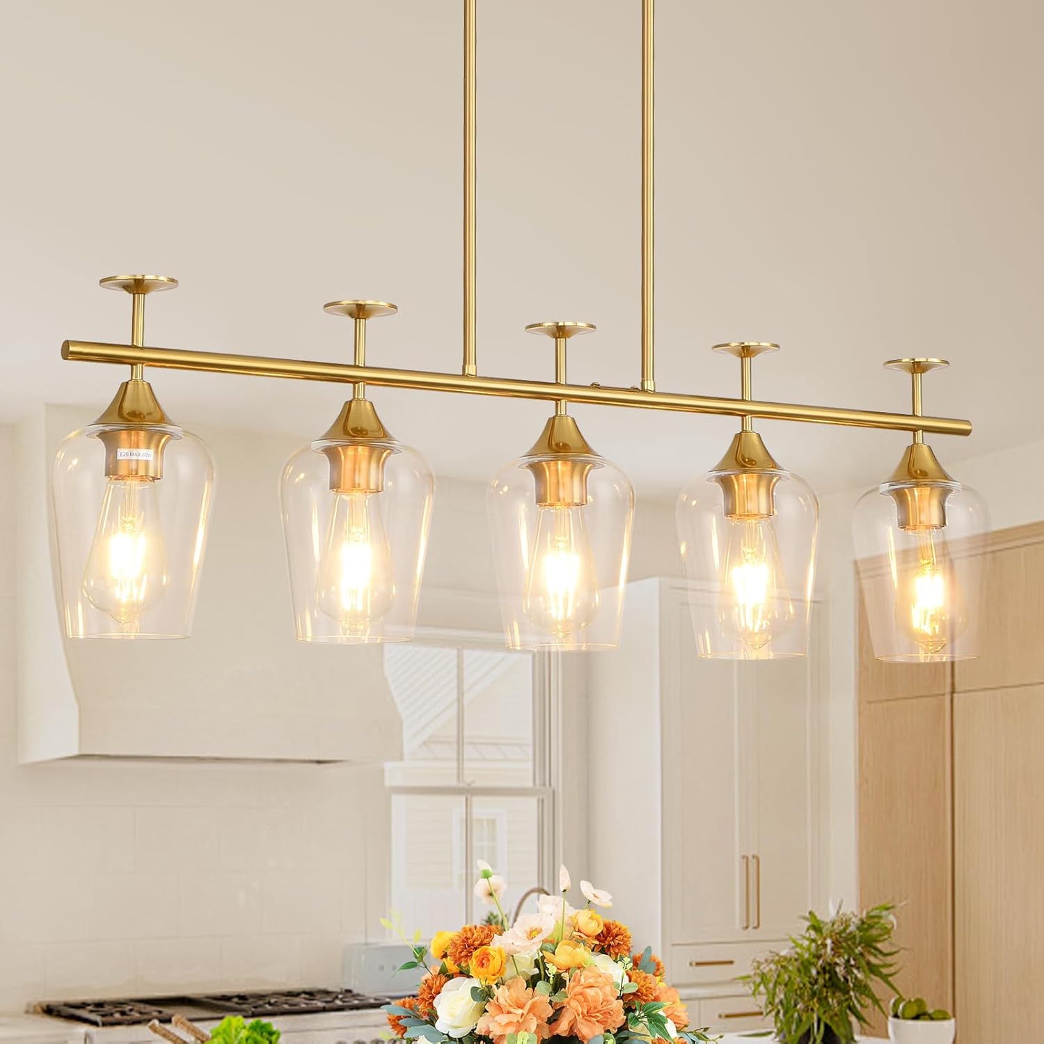 5-Light Dining Room Light Fixture 35.4in Gold Kitchen Island Lighting Fixtures Pendant Lights Linear Chandelier Ceiling Hanging Modern Kitchen Chandeliers Over Table with Clear Glass Shades