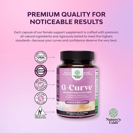 G-Curve Butt and Breast Support Capsules - Horny Goat Weed for Curve Support - Advanced Herbal Formula with Muira Puama & Maca Root - Supports Fuller-Looking Curves - Easy to Swallow - 120Ct