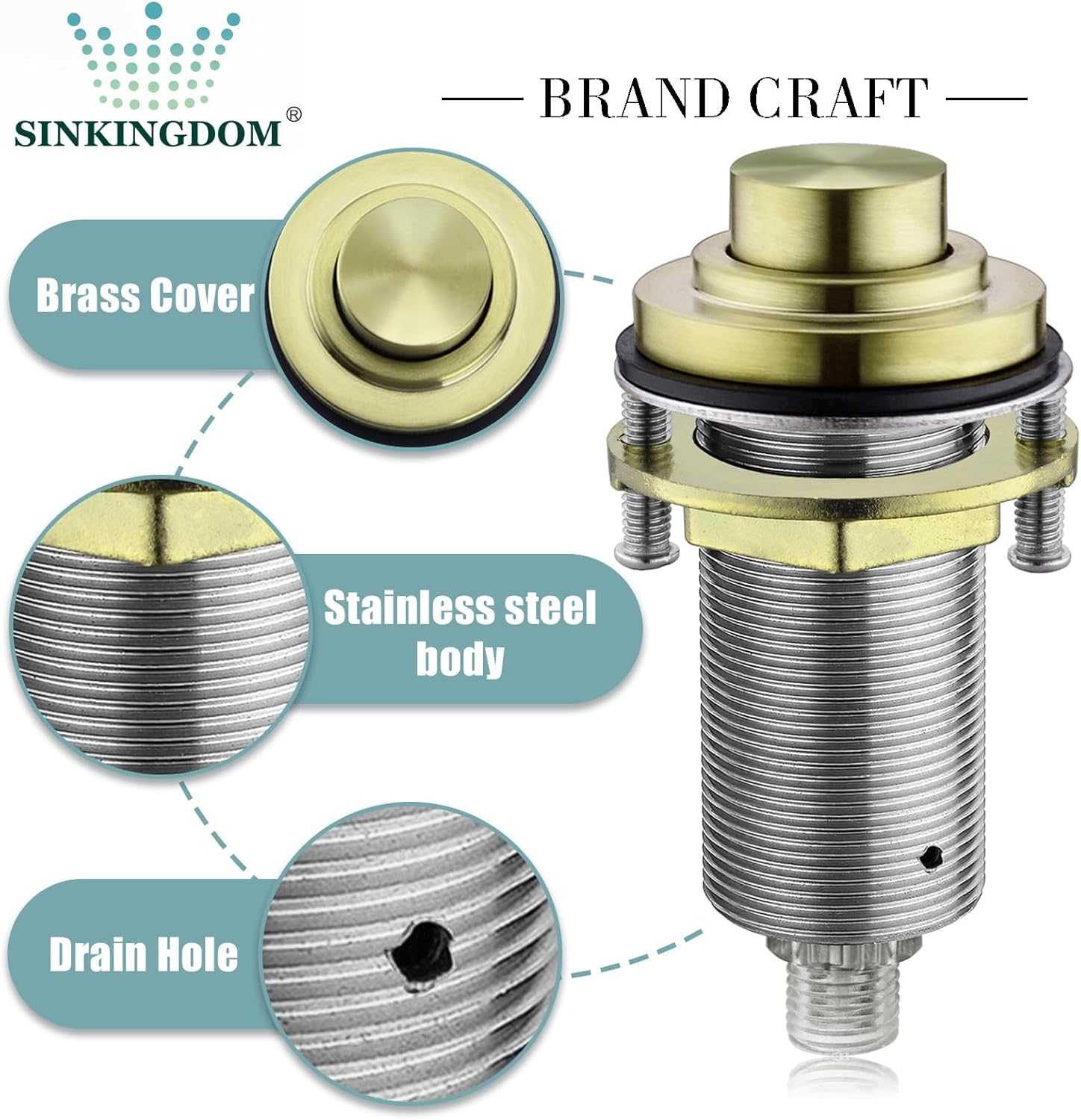 SinkTop Air Switch Kit (Long Full Brass Button) for Garbage Disposal, Cordless Brushed Nickel