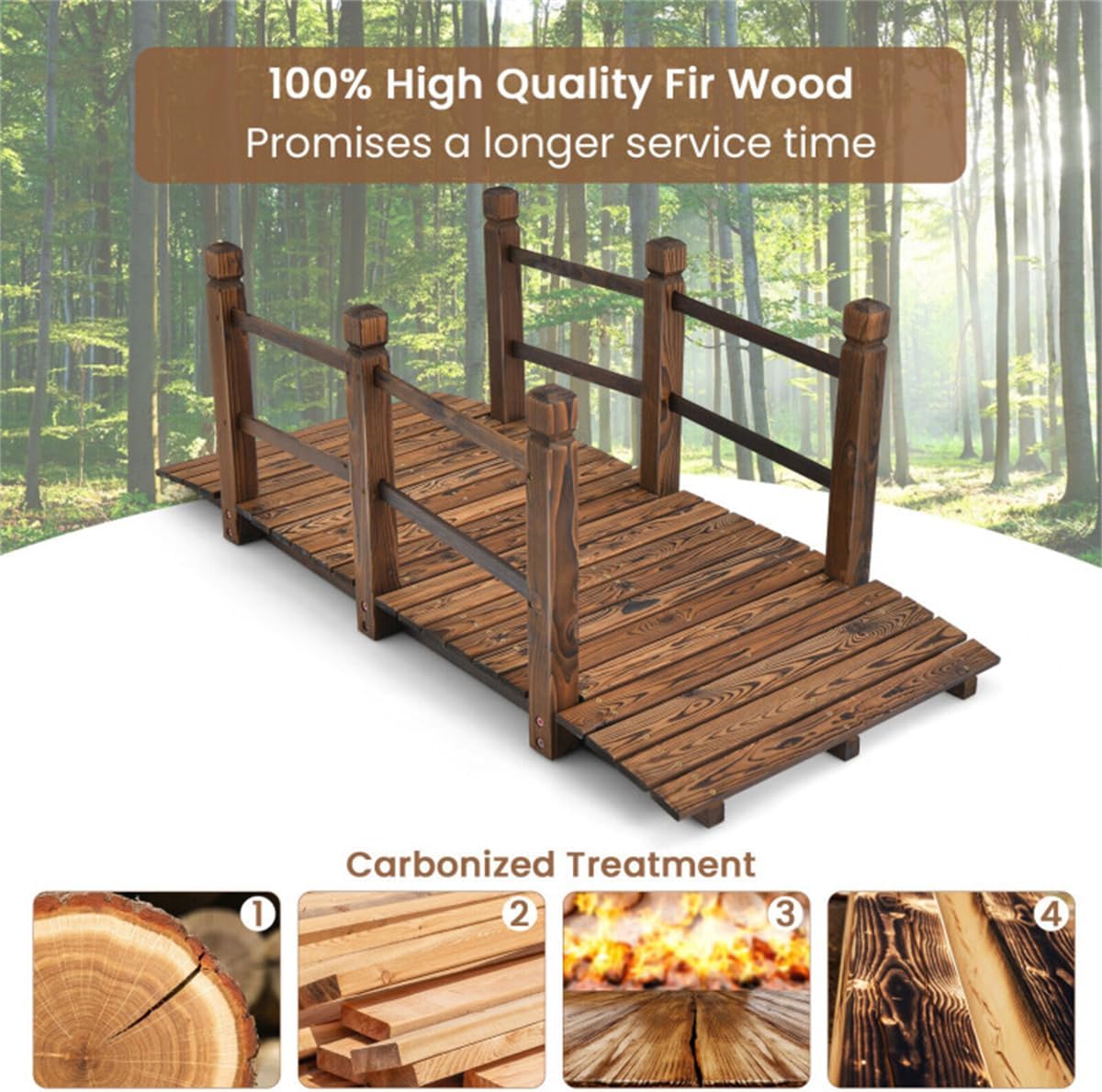 Brown Wooden Garden Bridge for Pond, 100% Fir Wood Footbridge with Safety Chain Railings, Heavy Duty Outdoor Decorative Bridge for Creek, Backyard, Farm, 5FT Pond Bridge for Backyard, Easy Assembly