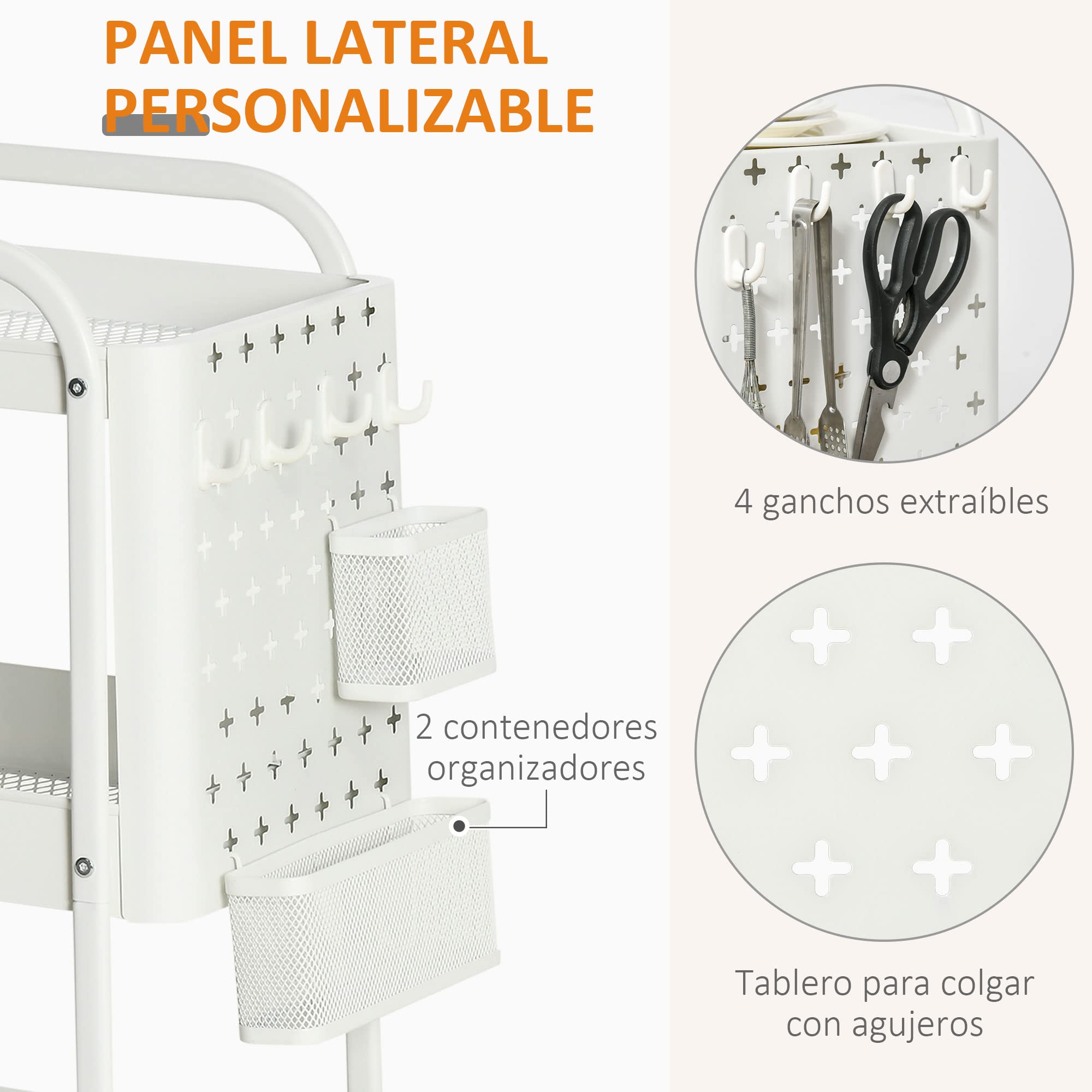 HOMCOM Carrito de Cocina de Acero con Ruedas Carro de Almacenamiento de 3 Niveles 4 Ganchos 2 Cestas Colgantes y Asa para Baño Salón Dormitorio 51,5x32x75,6 cm Blanco