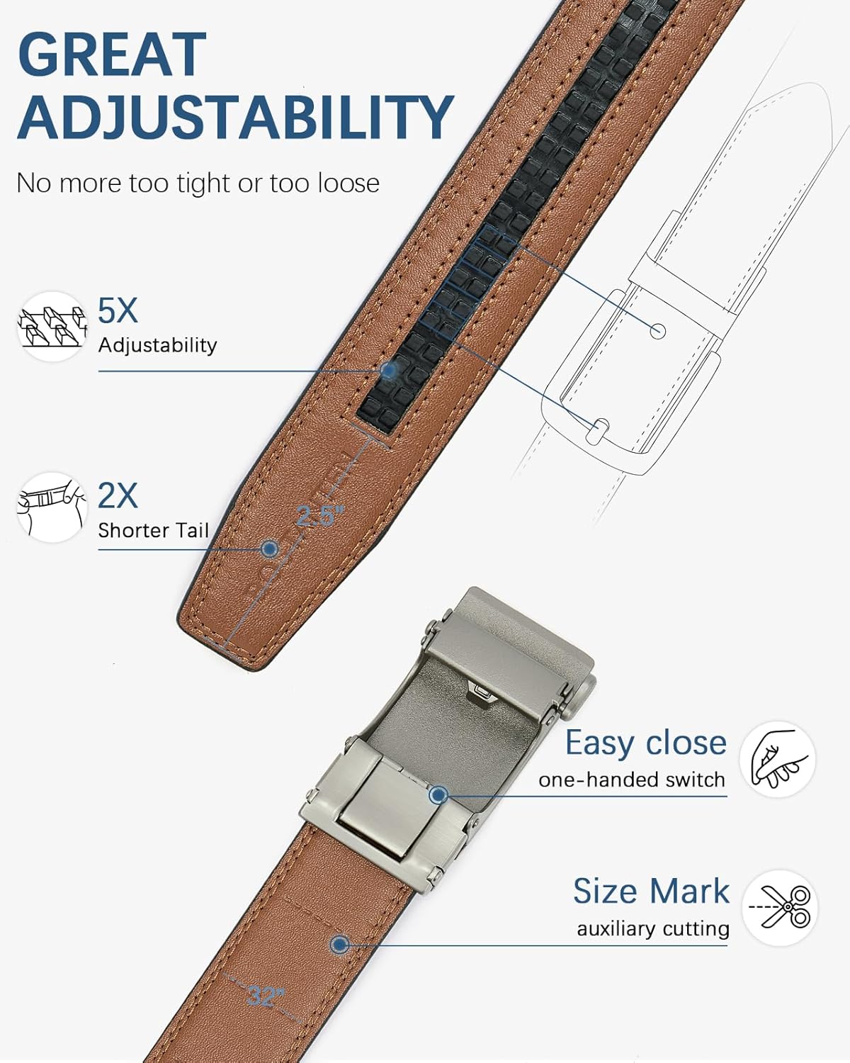 BOSTANTEN Mens Belt Leather Ratchet Belt For Men Dress and Casual with Adjustable Buckle, Trim to Fit - Image 2