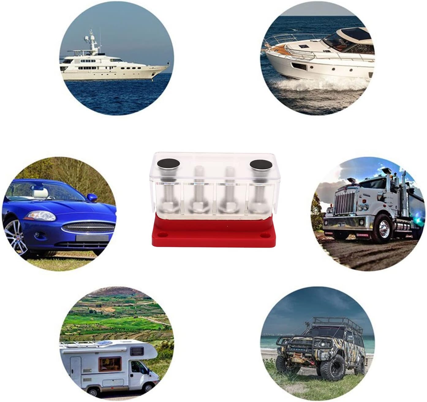 Power Distribution Block Bus Bar, 4 Post 3 / 8inch M10 Studs, Battery with Cover, DC12V - 48V 300A - Organized Wiring, Easy Installation, Ideal for Cars, Boats, RVs (Red)