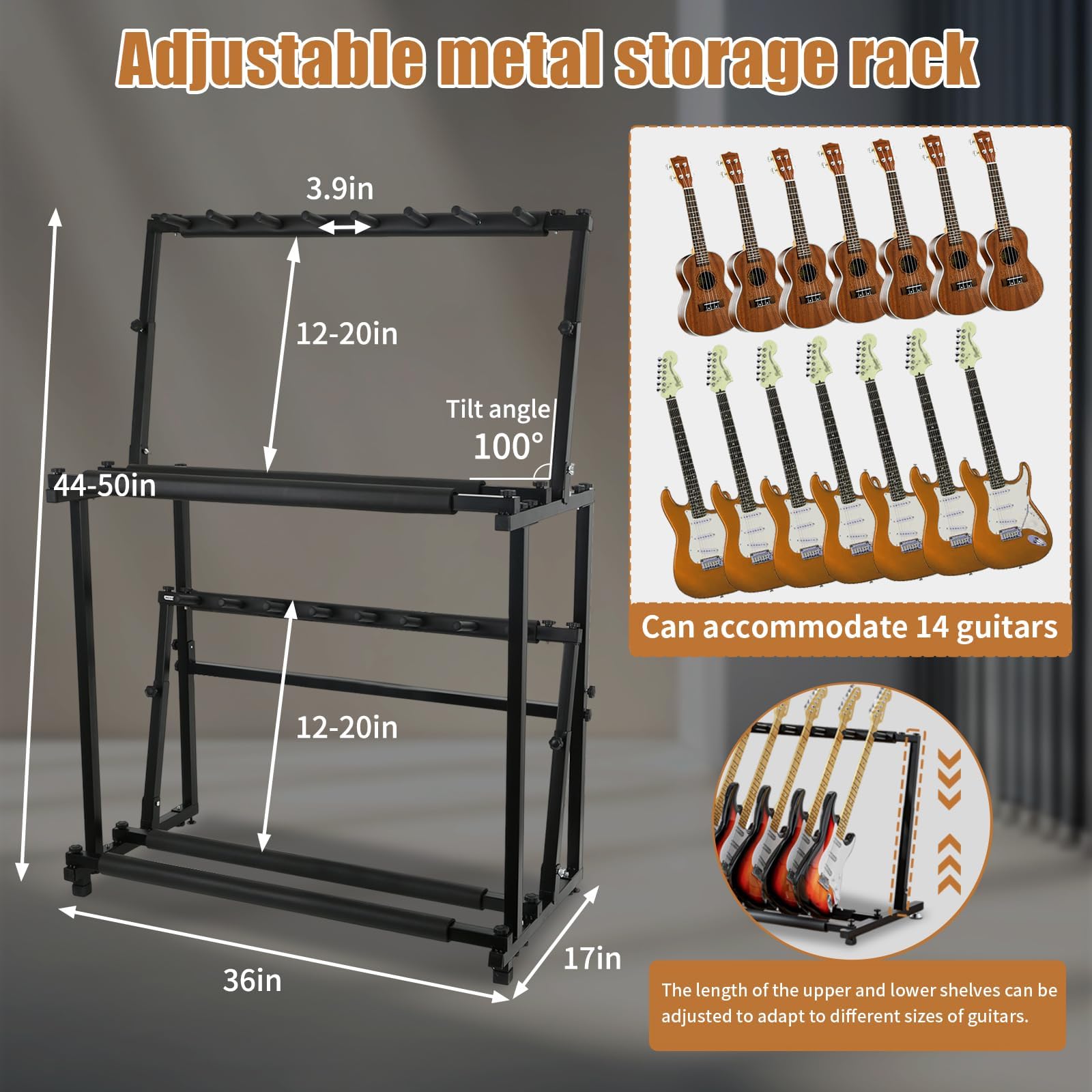 Gitarrenständer, Gitarrenhalter für 14 Gitarren, Faltbarer Multi-Gitarrenständer mit weichem Schwamm für Akustikgitarre, E-Gitarre, Bass, Abnehmbar in zwei separate Gitarrenhalterungen.