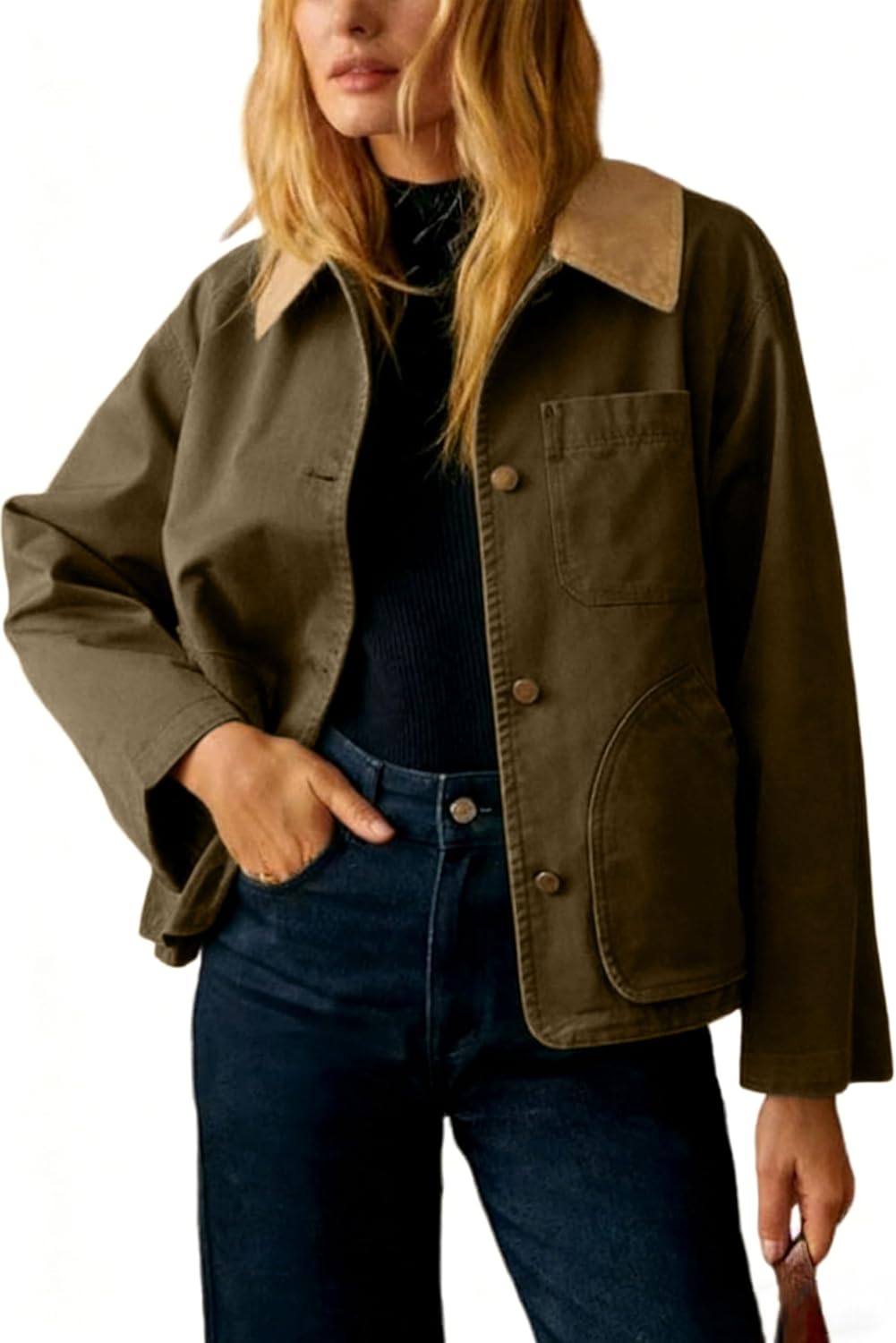 Yeokou Womens Casual Jacket Crop Barn Trench Coat Long Sleeve Button Down Oversized Jacket with Pockets Outerwear