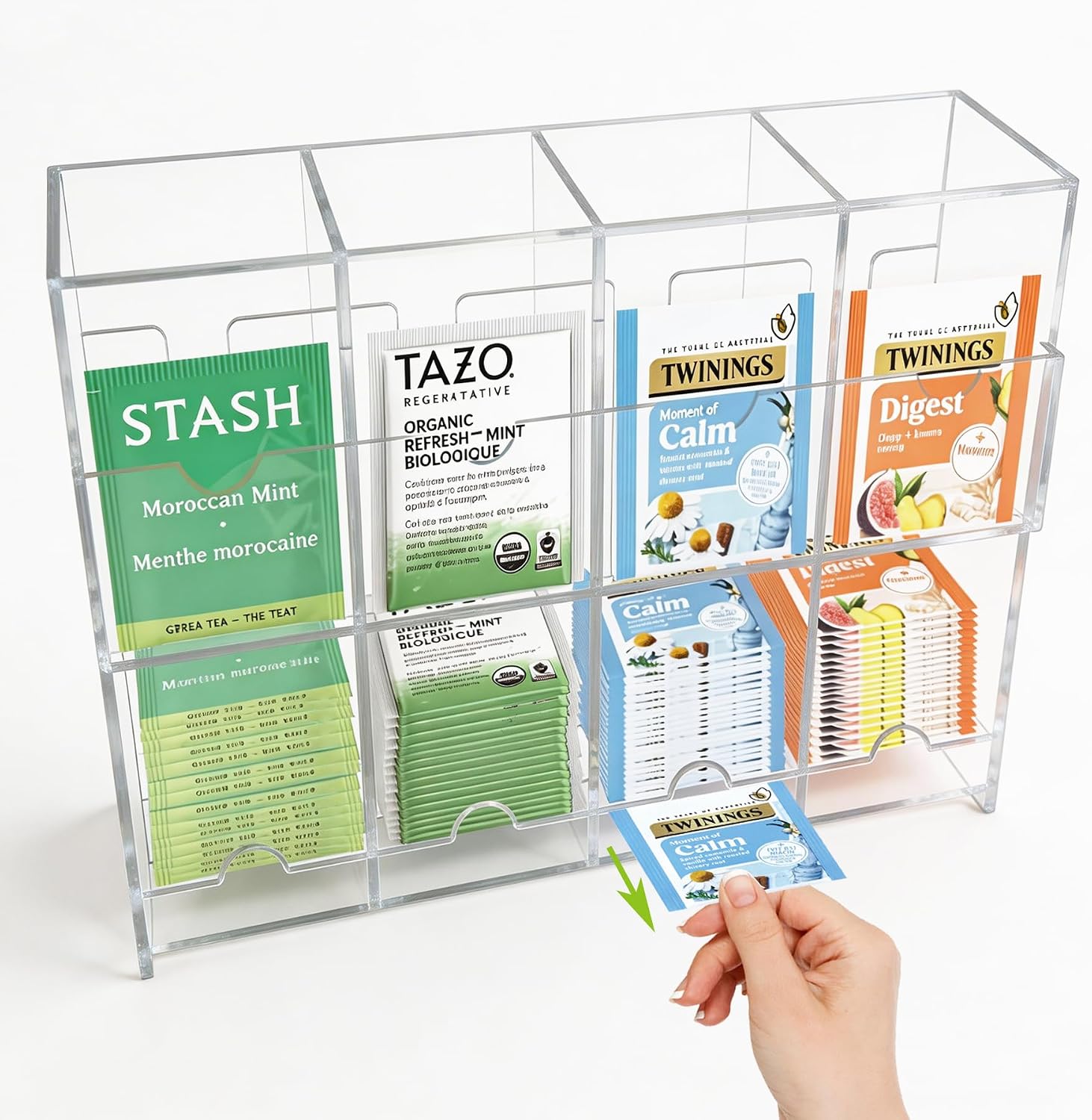 Clear Acrylic Tea Bag Organizer, 4-Slot Tea Bag Dispenser, Tea Organizer for Countertop, Tea Box Organizer, Tea Containers for Tea Bags, Tea Bag Holder for Kitchen & Office