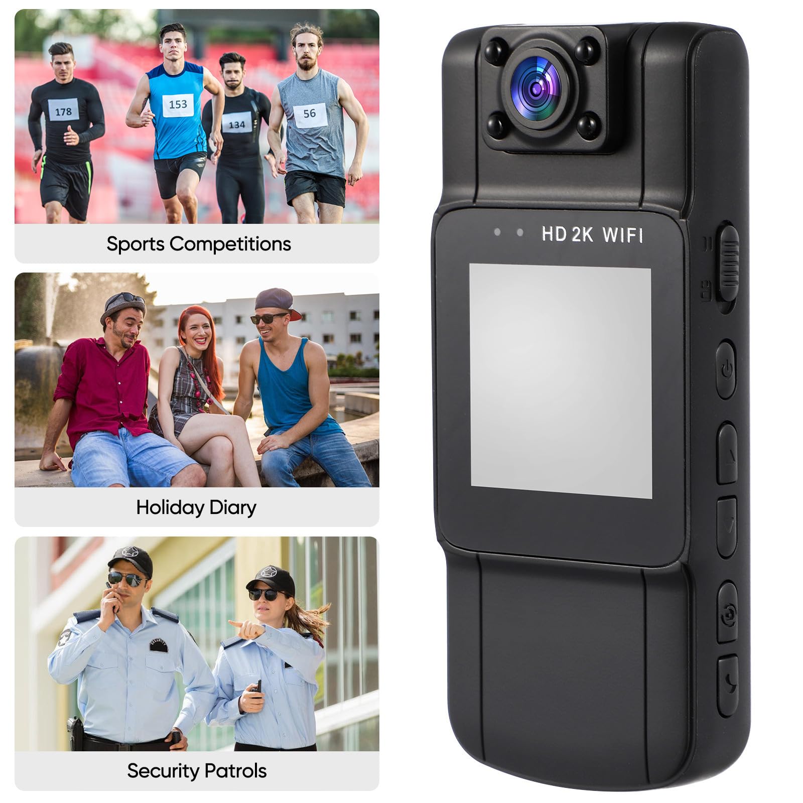 Toyvian Caméra Corporelle Portable 2k avec Écran, Objectif Rotatif 170°