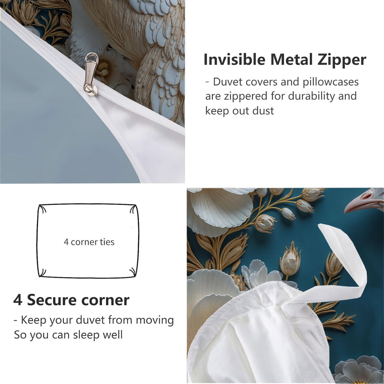 Copripiumino Matrimoniale Lusso Sollievo Floreale, Set di Biancheria da Letto Microfibra 3 Pezzi, Parure Copri Piumino 220x240cm e 2 Federa 50x75, Bianco Copritrapunta con Cerniera